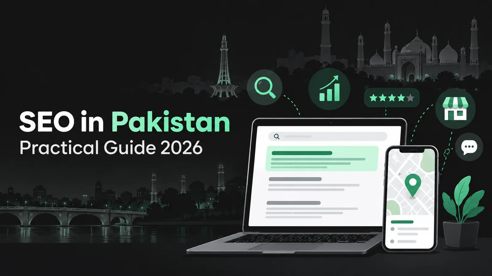 SEO guide for small businesses in Pakistan: search results, map pins and a growth chart on a laptop