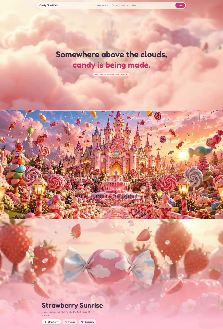 Scroll-animated candy brand website designed by SEO Prime Services for Candy Cloud Kids, with a cotton-candy hero, candy castle and flavor scenes