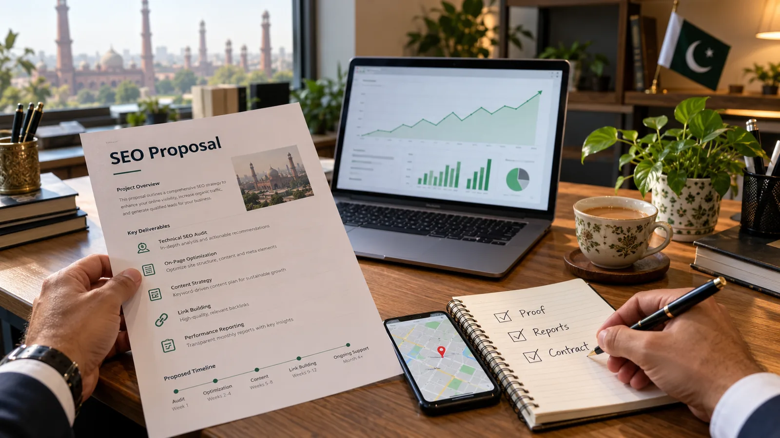 Business owner in Pakistan reviewing an SEO company proposal with a checklist