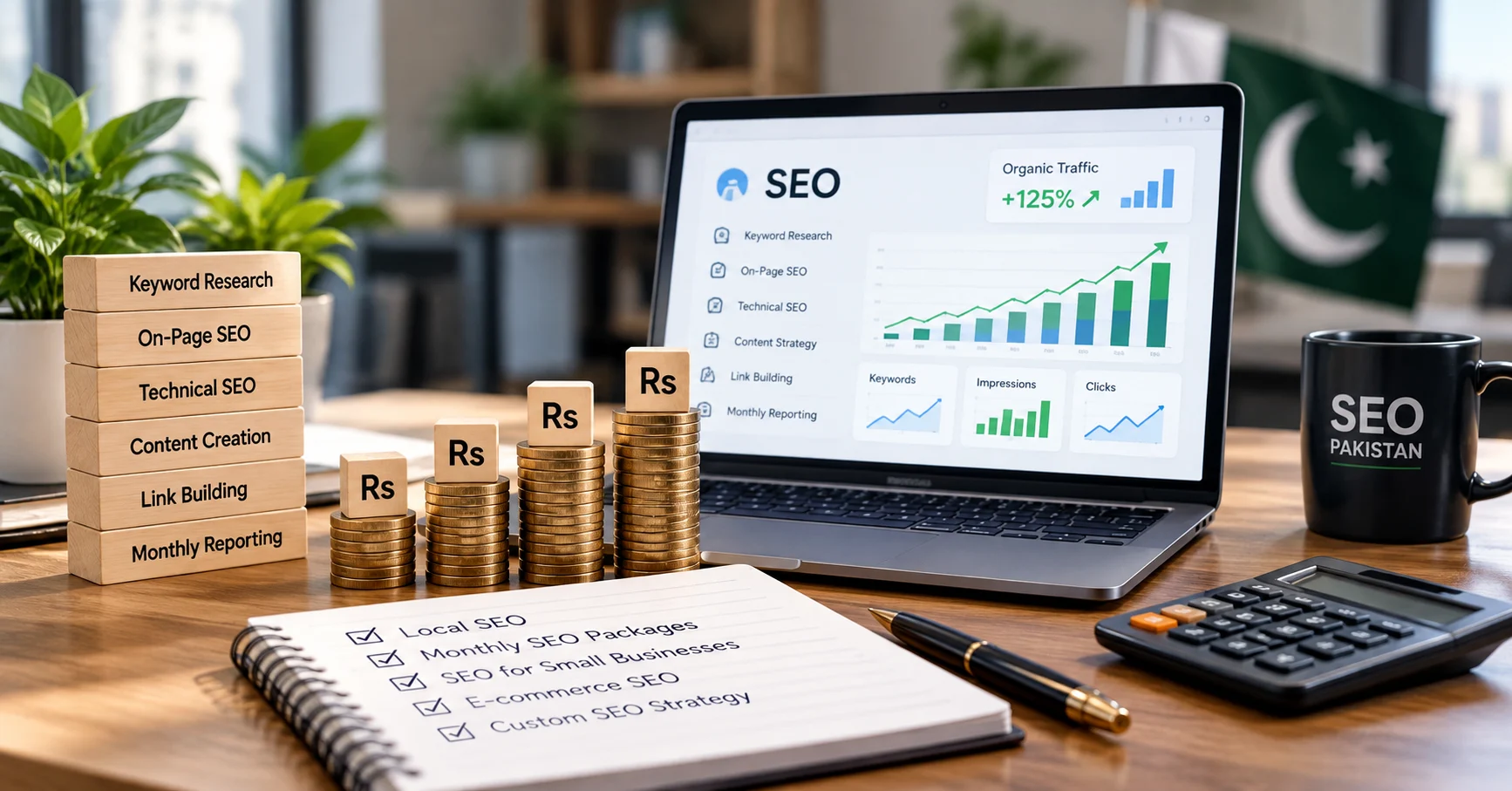 SEO cost in Pakistan: rupee coin stacks, SEO service blocks and an SEO results dashboard on a desk