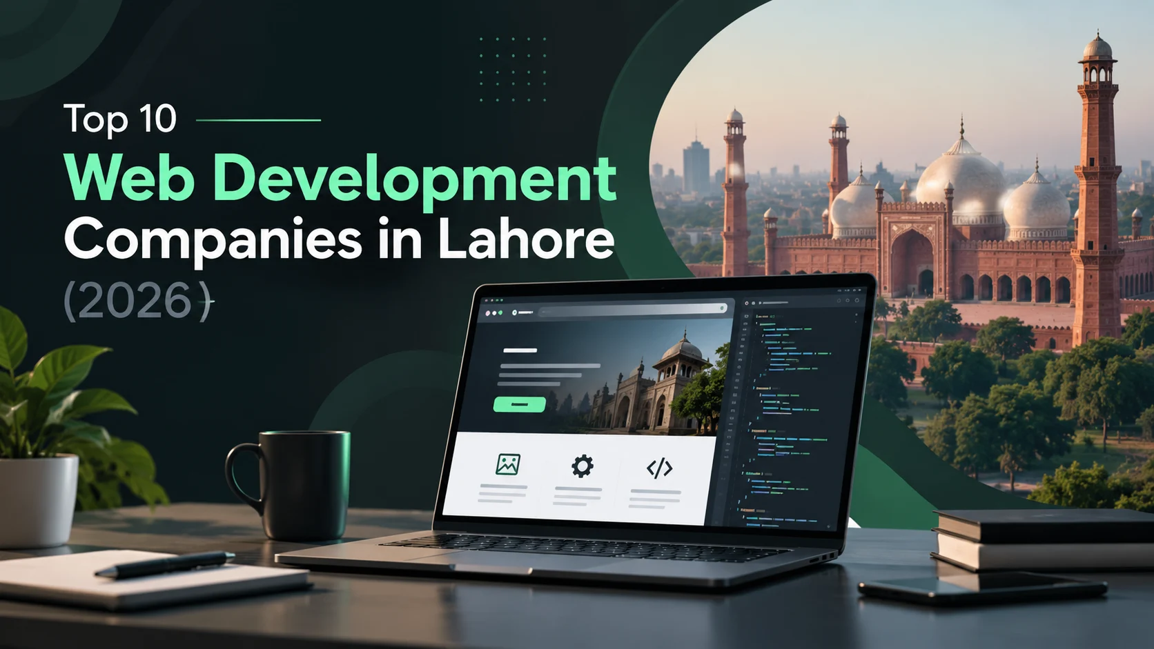 Top 10 web development companies in Lahore (2026) - laptop showing a website with Badshahi Mosque, Lahore in the background