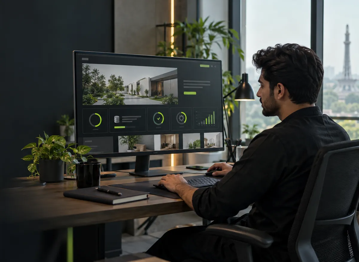 Web developer checking a WordPress website maintenance dashboard with backup, security and performance status, with Minar-e-Pakistan visible through the window in Lahore