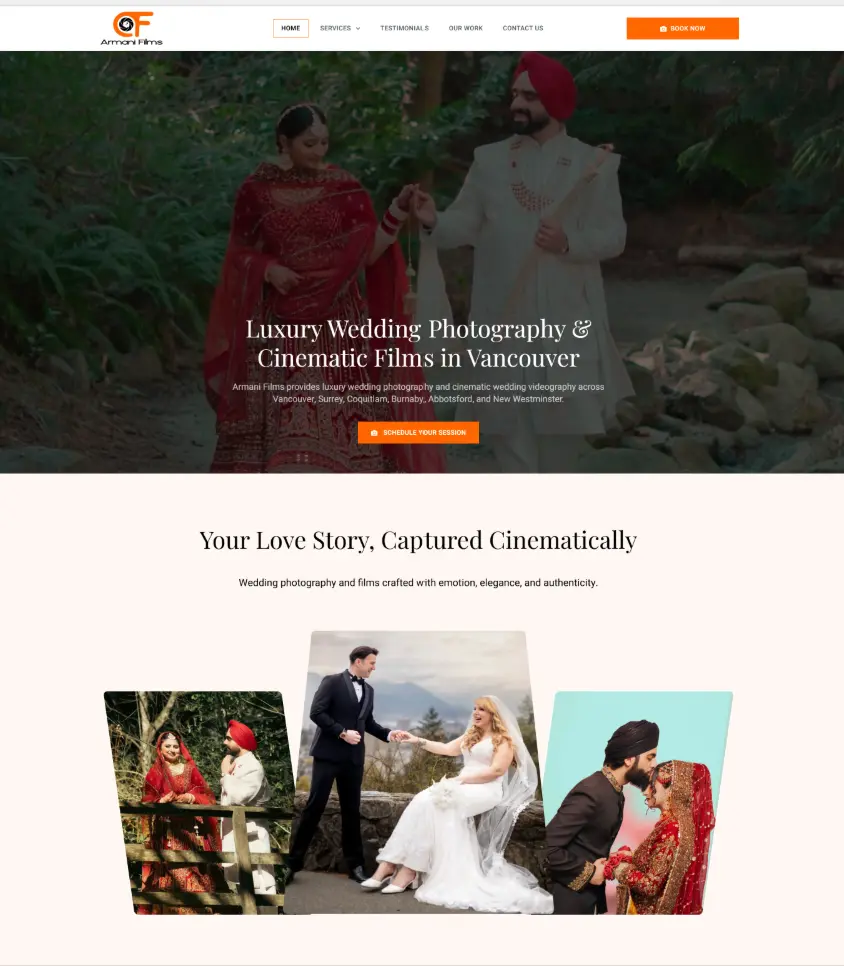 Wedding photography website designed by SEO Prime Services for Armani Films featuring cinematic portfolio and online booking.