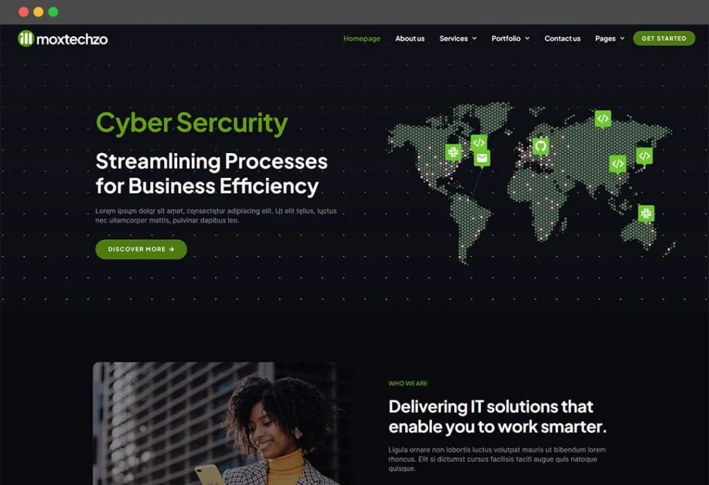Website design for a cyber security company showcasing IT solutions, business security services, and global cybersecurity technology.
