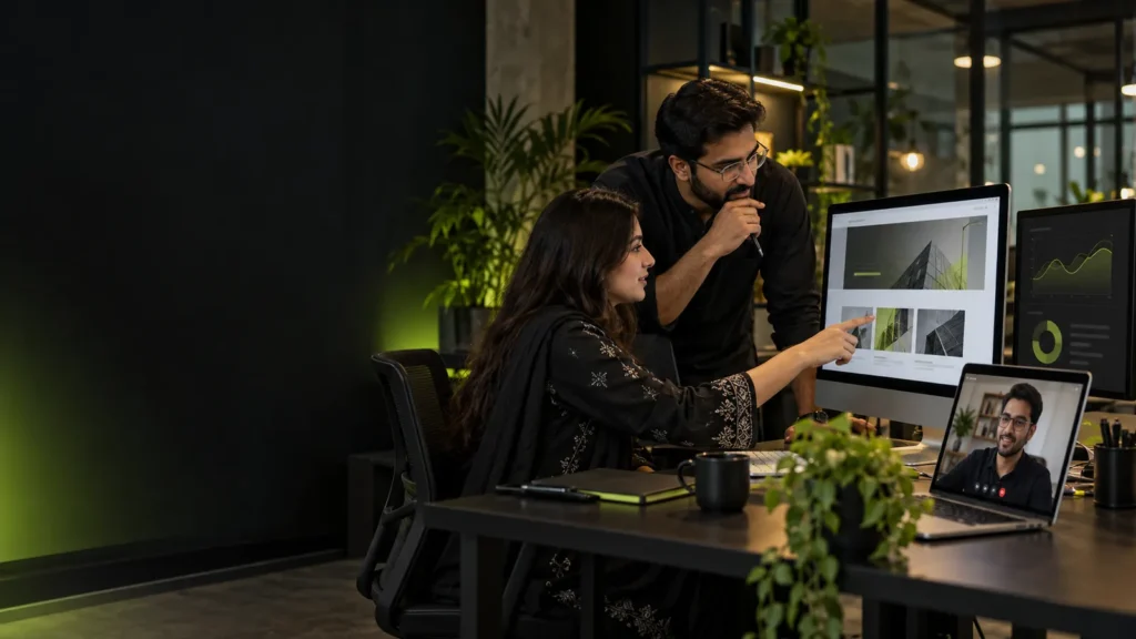 SEO Prime Services remote team reviewing a website design together while a colleague joins by video call